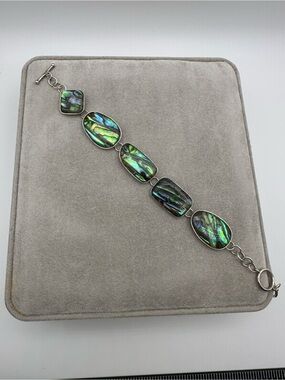 Lucas Lameth 925 Silver Abalone Stone Chain Link Ladies Toggle Bracelet